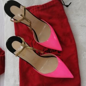 Authentic Christian Louboutin Heels in Pink/Black w/ Gold straps, Size 9